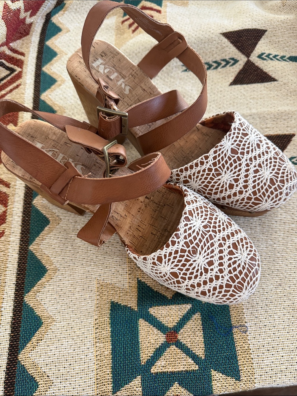 Kork-Ease Brown Leather & White Crochet Wedge Sandals